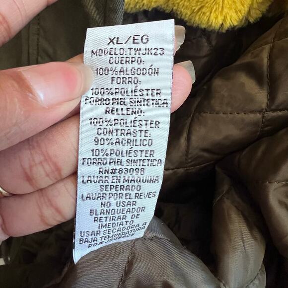 Women's Army Green Cinch Waist Hooded Soft Fur Yellow Quilted Jacket Size XL - Picture 7 of 8